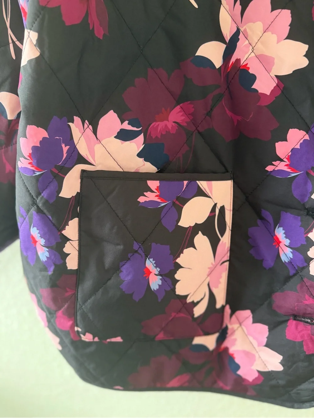 Liz Claiborne Floral Quilted Jacket - Black with Pink & Purple Blooms Size-2XL